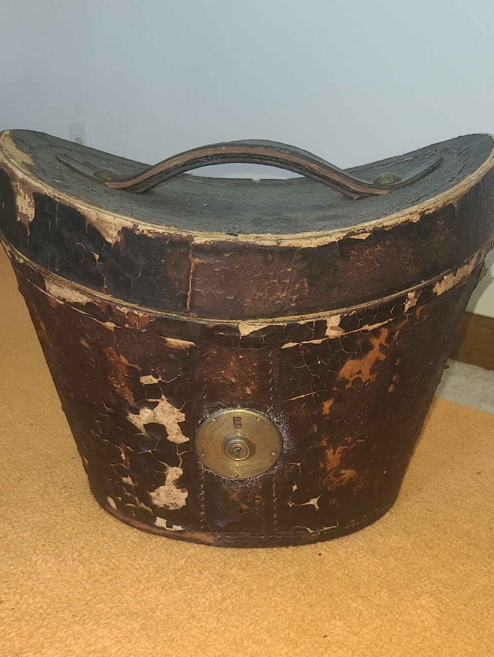 Vintage Brown Leather Hat Box with Brass Lock